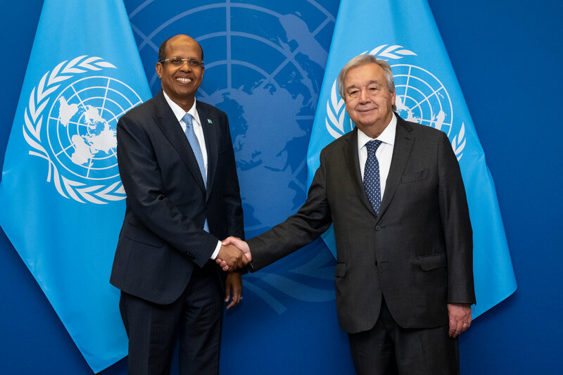 Secretary-General António Guterres (right) and Chairperson of the African Union Mahamoud Ali Youssouf (left).