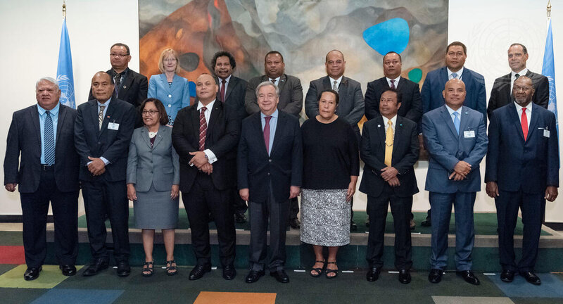 Secretary-General António Guterres (centre) meets with Pacific Islands Forum Leaders. At his left is Meg Taylor, Secretary General of the Pacific Islands Forum.