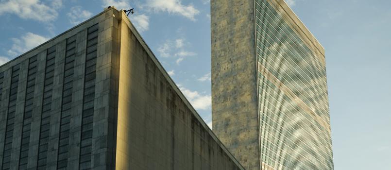 UN Headquarters’ iconic Secretariat building reflects the autumn sky.
